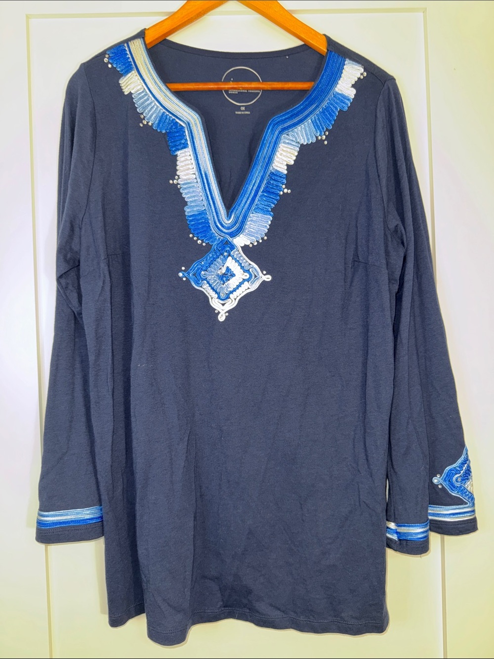 INC International Concepts Navy Tunic with Blue Trim Sz 0X Embroidered
